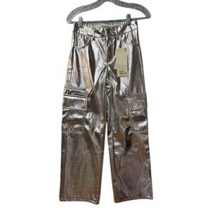 XXS (0)No Boundaries Metallic Silver Cargo Pants Wide Leg High Rise